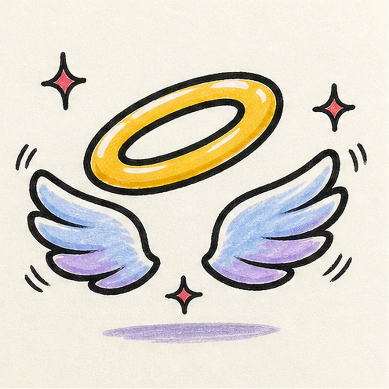 Handmade face-free marker drawing of one golden-yellow tilted angel halo above two pale-blue and lavender wings with three broad feather layers each, exactly three raspberry sparkle bursts, short black lift marks, a lavender floating shadow, white highlight gaps, and thick imperfect black outlines