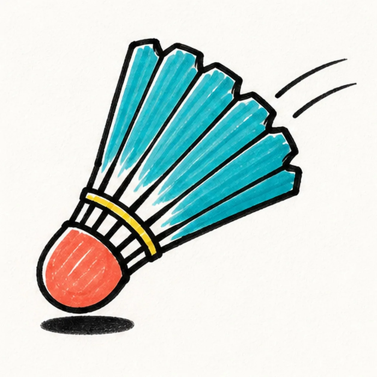 Handmade face-free marker drawing of one badminton shuttlecock flying diagonally from lower left to upper right with a coral rounded cork, exactly six broad cyan feather vanes, six black feather-root spokes, one curved yellow binding band, six notched feather tips, exactly two black speed arcs, white marker-highlight gaps, thick imperfect black outlines, and a small oval black shadow