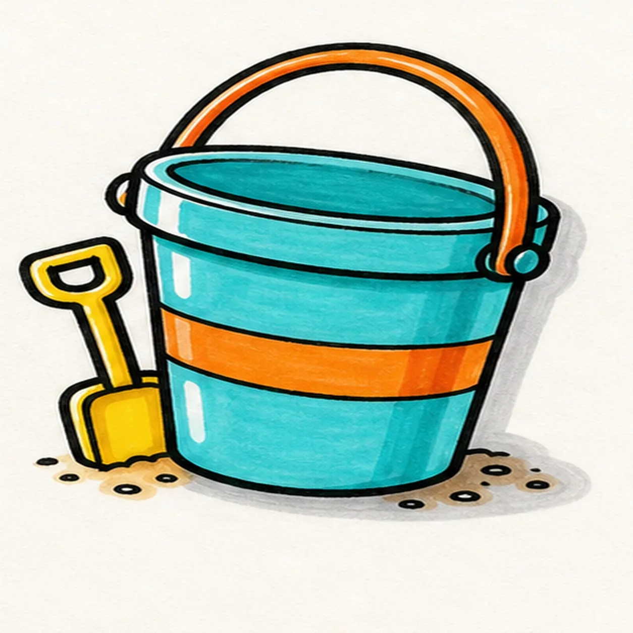Bold marker doodle of a turquoise beach bucket with orange handle and stripe, yellow shovel, sand dots, white shine gaps, marker texture, thick black outline, and gray sticker shadow