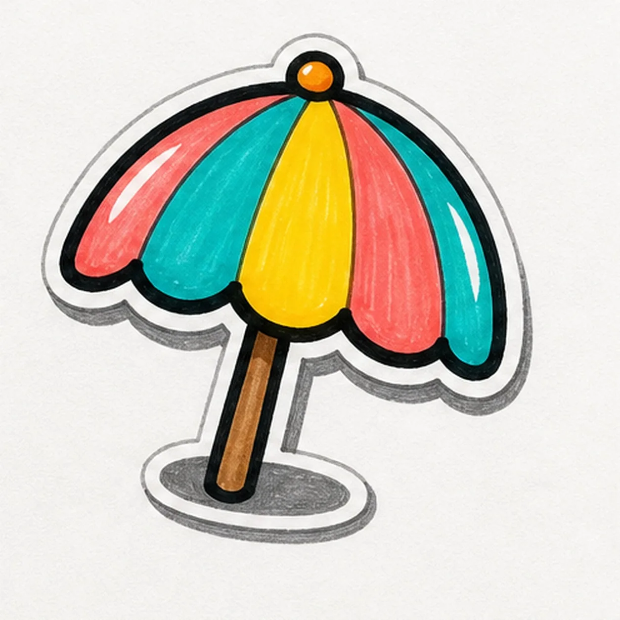 Bold marker doodle of a beach umbrella badge with scalloped canopy, curved panel seams, turquoise coral and yellow fills, white shine gaps, center pole, thick black outline, and gray sticker shadow