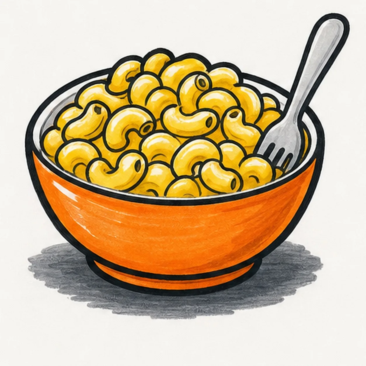 Bold marker drawing of a bowl of macaroni with C-shaped yellow-orange elbow noodles, thick black outlines, teal stripe on the bowl, orange sauce accents, and purple marker shadow