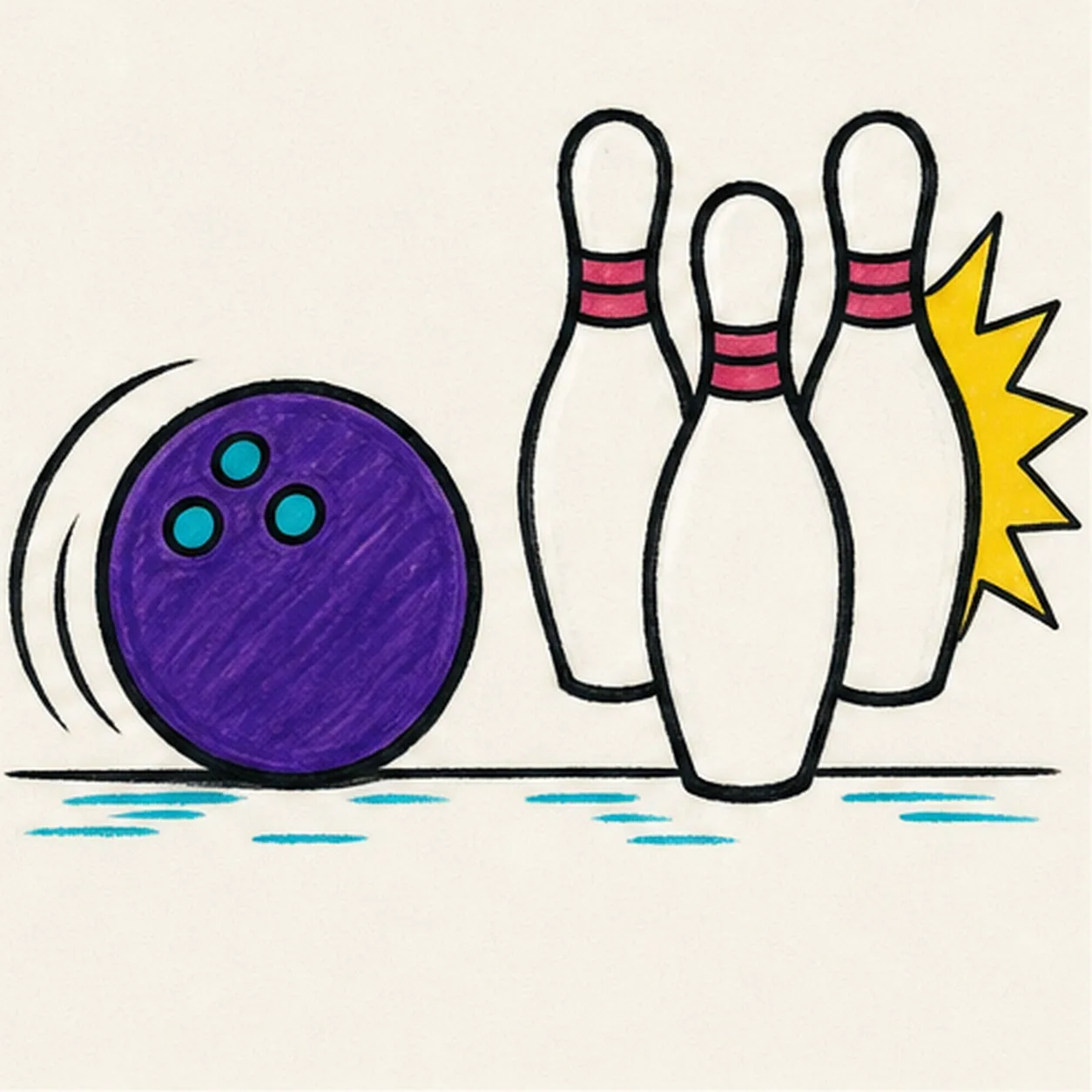 Handmade marker drawing of one purple bowling ball with three cyan finger holes beside exactly three white bowling pins with paired raspberry neck bands, two black motion arcs, a compact yellow impact burst behind the pin cluster, a shallow black baseline, and cyan lane accents