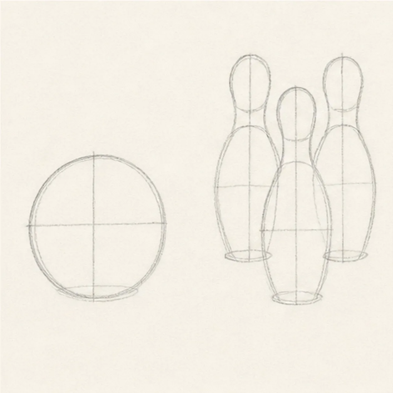Set the strike path stage for how to draw a bowling ball and pins