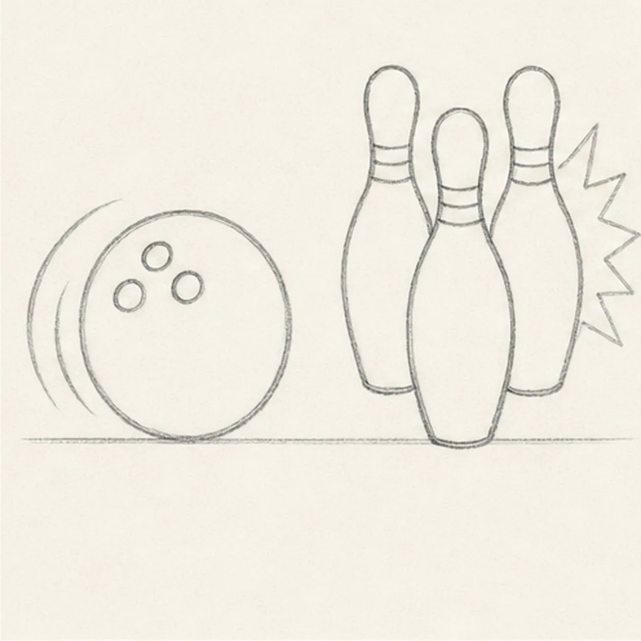 Show the strike motion stage for how to draw a bowling ball and pins
