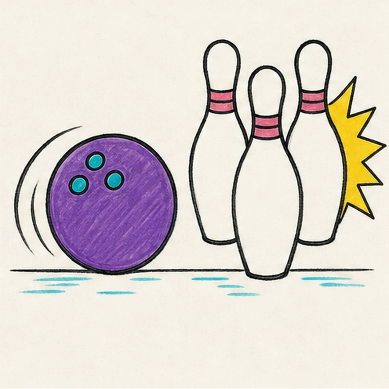 Ink and color the strike stage for how to draw a bowling ball and pins