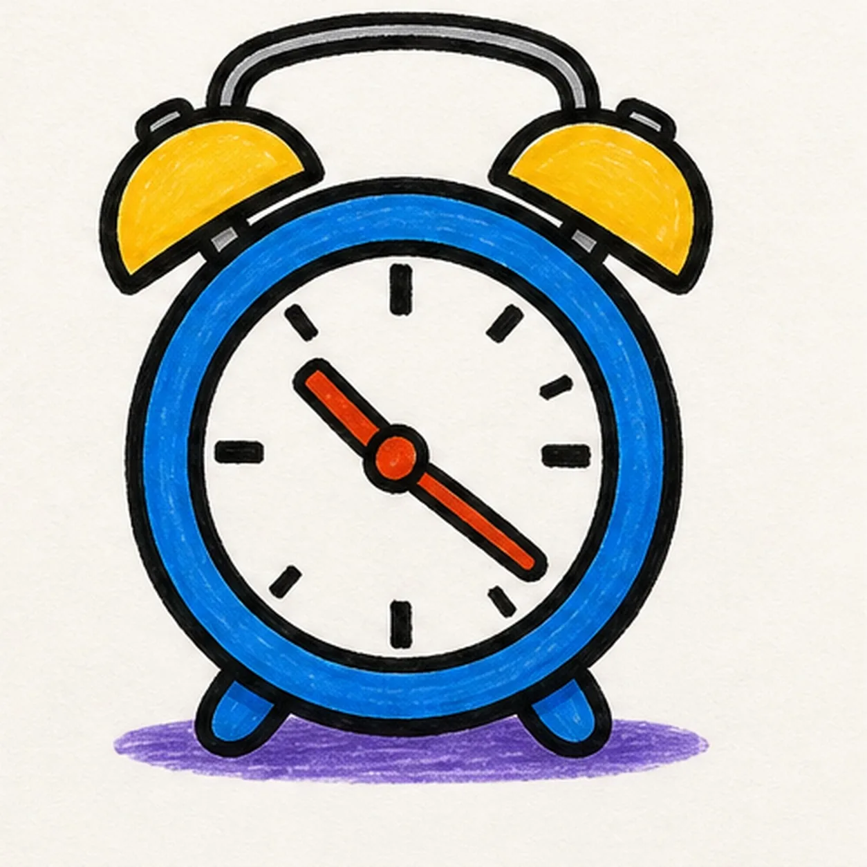 Bold marker drawing of a cartoon alarm clock with round blue body, yellow twin bells, curved handle, small feet, red-orange hands, chunky black tick marks, thick outlines, and purple shadow