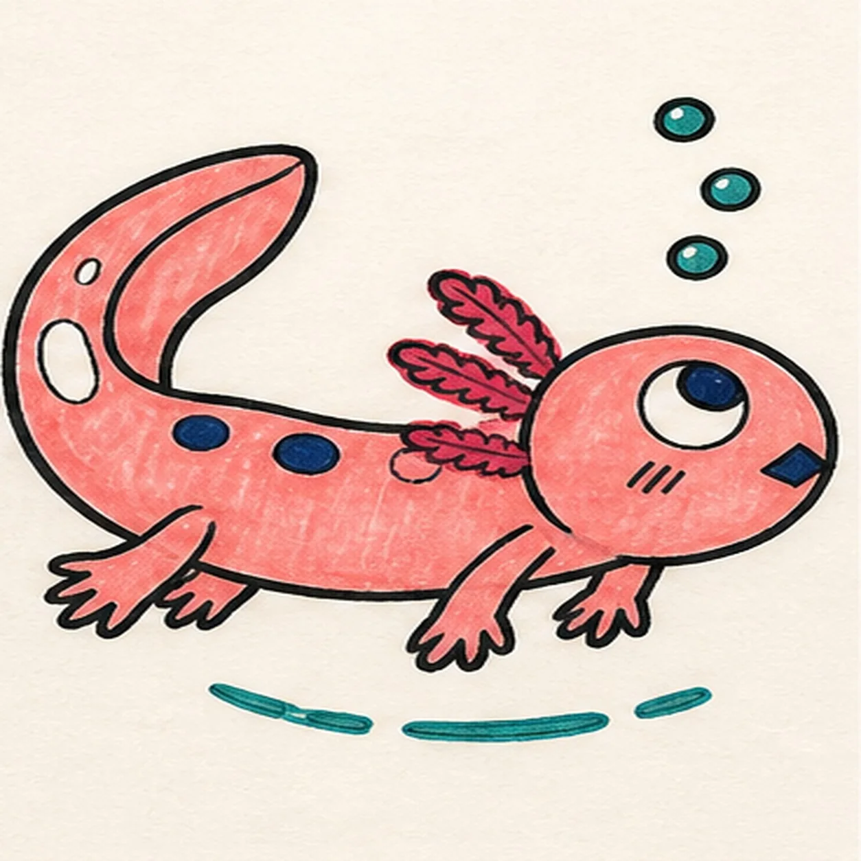 Handmade felt-tip marker drawing of one right-facing coral-pink cartoon axolotl swimming in side view with one broad rounded head, one tapered body, one broad upward-curling tail fin, exactly four small limbs, exactly three raspberry leaf-tipped external gill stalks, one oversized round eye with a deep-navy pupil looking upward, one tiny open deep-navy diamond mouth, exactly three short cheek hatches, exactly two deep-navy dorsal spots, exactly three teal bubbles, two open-paper oval highlights on the tail, thick imperfect black outlines, visible marker streaks, and one short broken teal water-shadow swoosh