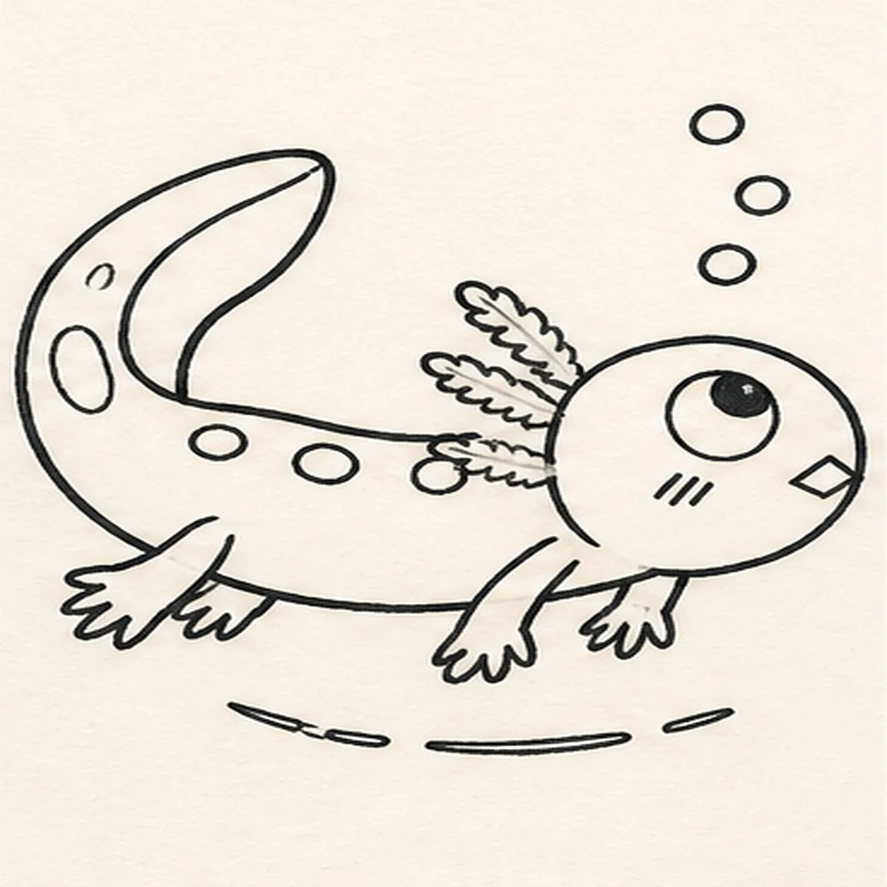 Ink the underwater contours stage for how to draw a swimming axolotl