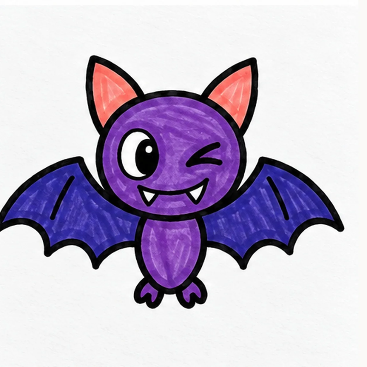 Handmade felt-tip marker drawing of one flying cartoon bat with a violet round head and body, two coral-centered pointed ears, two indigo wings with three scallops each, two tiny feet, one wide left eye, right wink, curved grin with two white fangs, and visible marker streaks