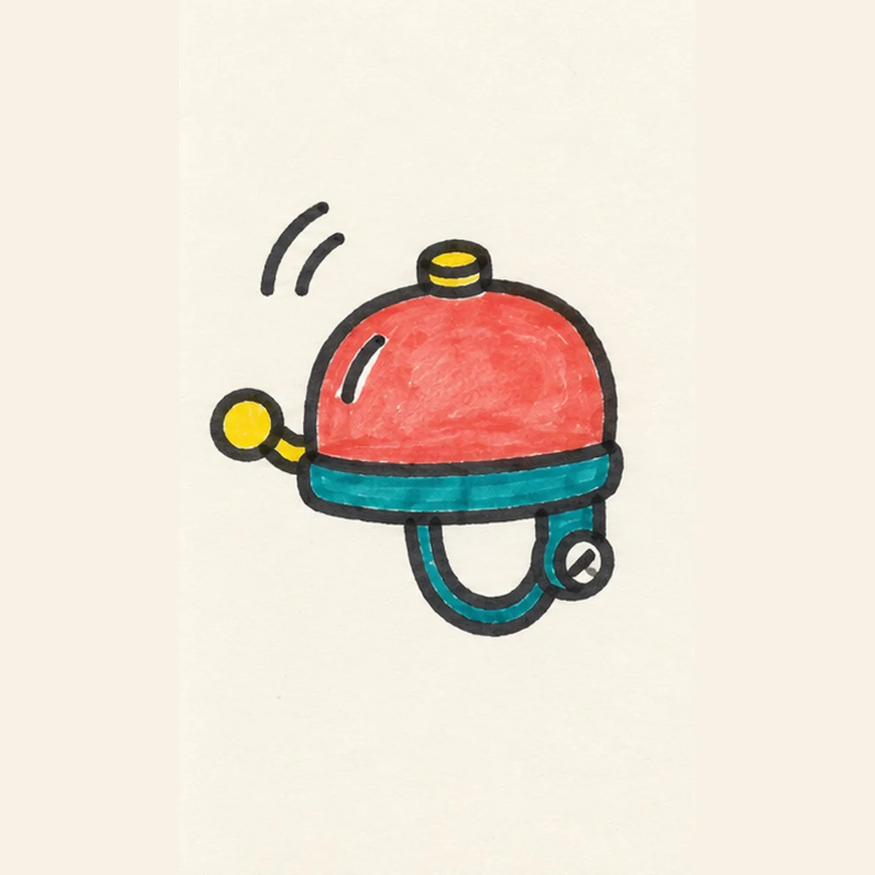 Handmade marker drawing of a coral bicycle bell with teal base band and U-shaped clamp, yellow top button and left thumb lever, right clamp screw, a white shine stroke on the dome, and two black ringing marks above-left