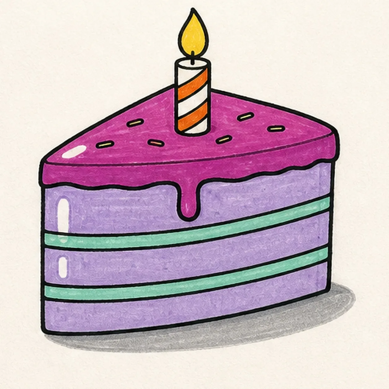 Handmade face-free marker drawing of one three-quarter birthday cake slice with a pointed rear tip, broad front face, visible side plane, exactly three soft-lavender sponge layers, exactly two mint-green filling bands, one raspberry-purple top frosting layer with exactly one front drip, one upright cream candle with exactly two tangerine diagonal bands, one golden-yellow flame, exactly six short colorful sprinkle marks, two vertical side paper highlights, one top frosting paper highlight, thick imperfect black outlines, visible marker streaks, and one shallow warm-gray oval shadow