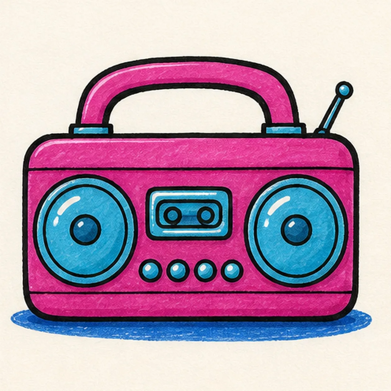 Handmade marker doodle of a face-free magenta cartoon boombox with a thick top handle, two cyan speakers, cassette window, round controls, short antenna, and blue ground shadow