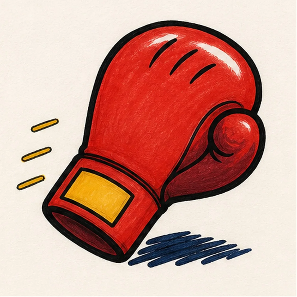 Handmade felt-tip marker drawing of one face-free tomato-red cartoon boxing glove punching toward the upper right with one large rounded knuckle mass, one curled burgundy thumb, exactly three short black knuckle creases, one curved palm seam, one narrow wrist, one wide red cuff, one blank mustard cuff patch, exactly three short mustard motion dashes, white paper highlights, and one broken deep-navy cast shadow