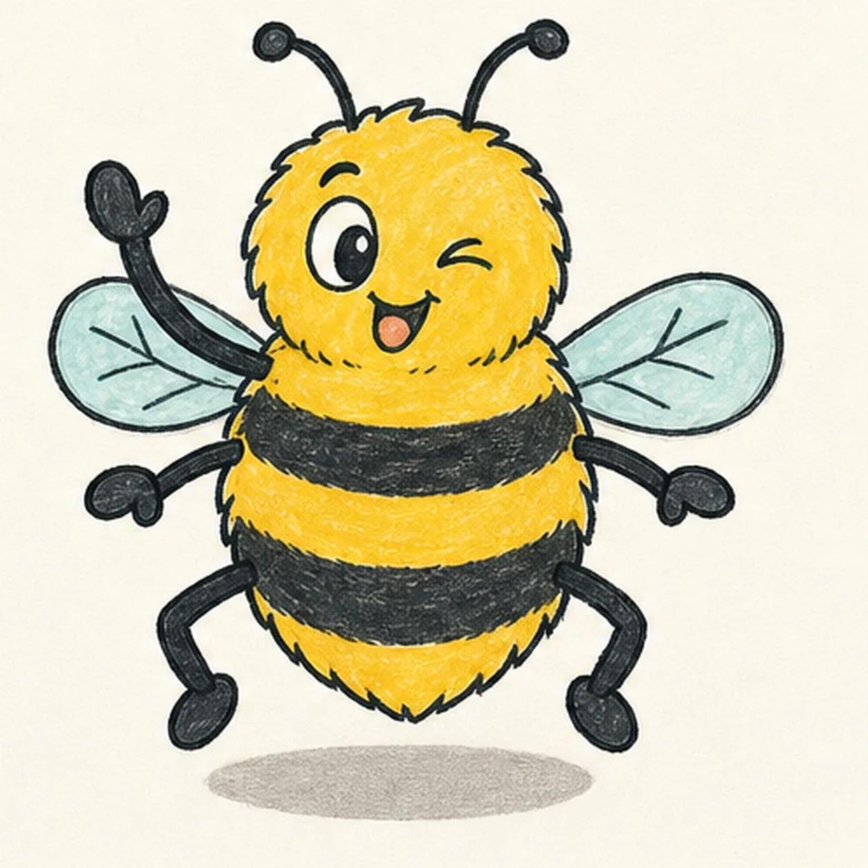 Handmade marker drawing of one front-facing upright cartoon bumblebee with a golden-yellow fuzzy head and abdomen, two black antennae, two pale-aqua wings with simple veins, exactly six charcoal limbs with the upper viewer-left foreleg raised in a wave, one wide sideways-looking oval eye, one curved wink, one lifted brow, one off-center open mouth with a muted-coral tongue, exactly two broad charcoal abdomen bands, thick imperfect black outlines, warm-paper highlight streaks, and one shallow warm-gray oval shadow