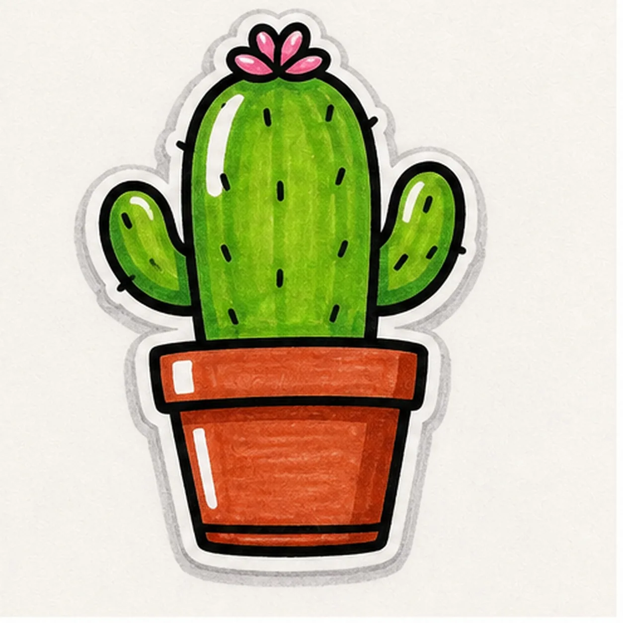 Bold marker doodle of a potted cactus sticker with terracotta flower pot, green rounded cactus stem and arms, black spine dashes, pink flower, white shine gaps, thick black outline, and gray sticker shadow