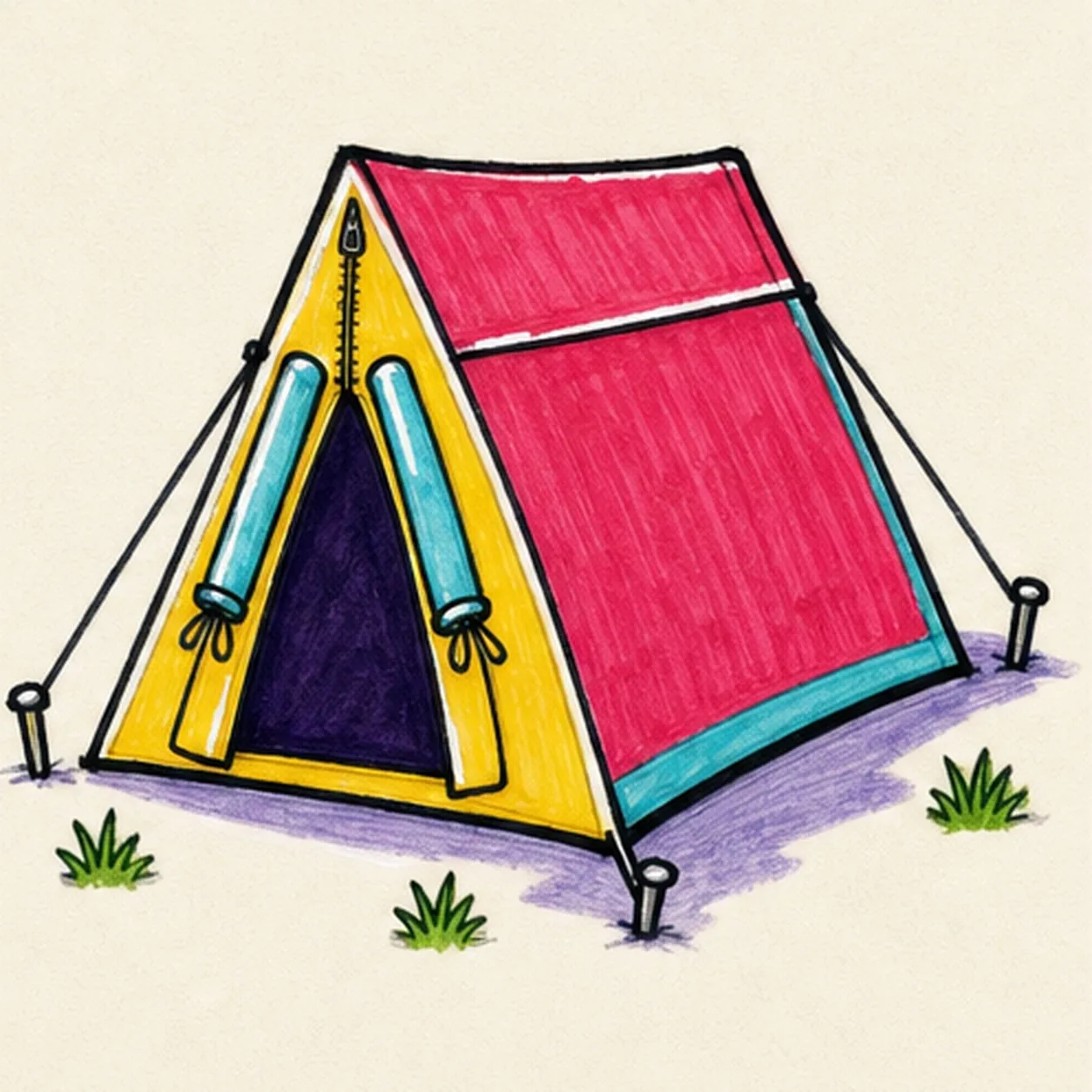 Handmade face-free marker drawing of a three-quarter A-frame camping tent with raspberry roof and side wall, bright-yellow front panel, dark-violet open doorway, two turquoise rolled flap edges with white highlights and ties, black roof seam and zipper, exactly two guy lines, two outer stakes, one front-corner base peg, three green grass tufts, thick imperfect black outlines, and pale-lavender ground shadow