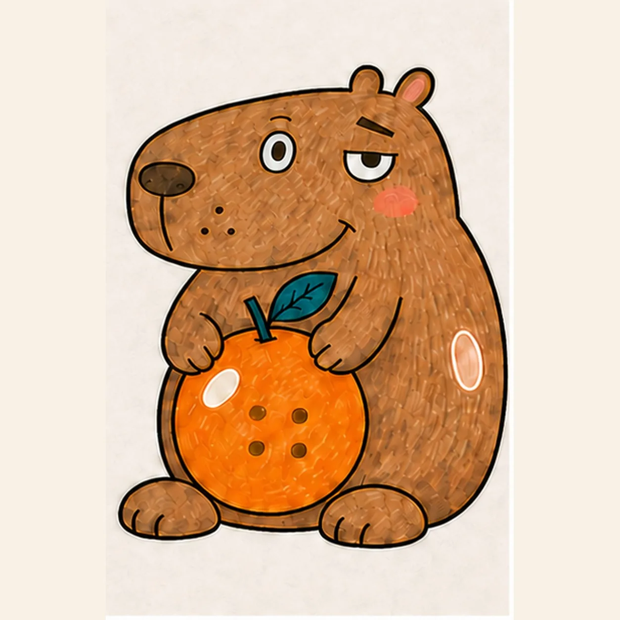 Handmade marker drawing of a seated brown capybara with two small ears, a wide left eye, half-lidded right eye, raised brow, oval nose, curved smile, three cheek dots, two paws holding one orange, two oval feet, one teal leaf, four fruit dimples, and white highlights on its body and fruit.