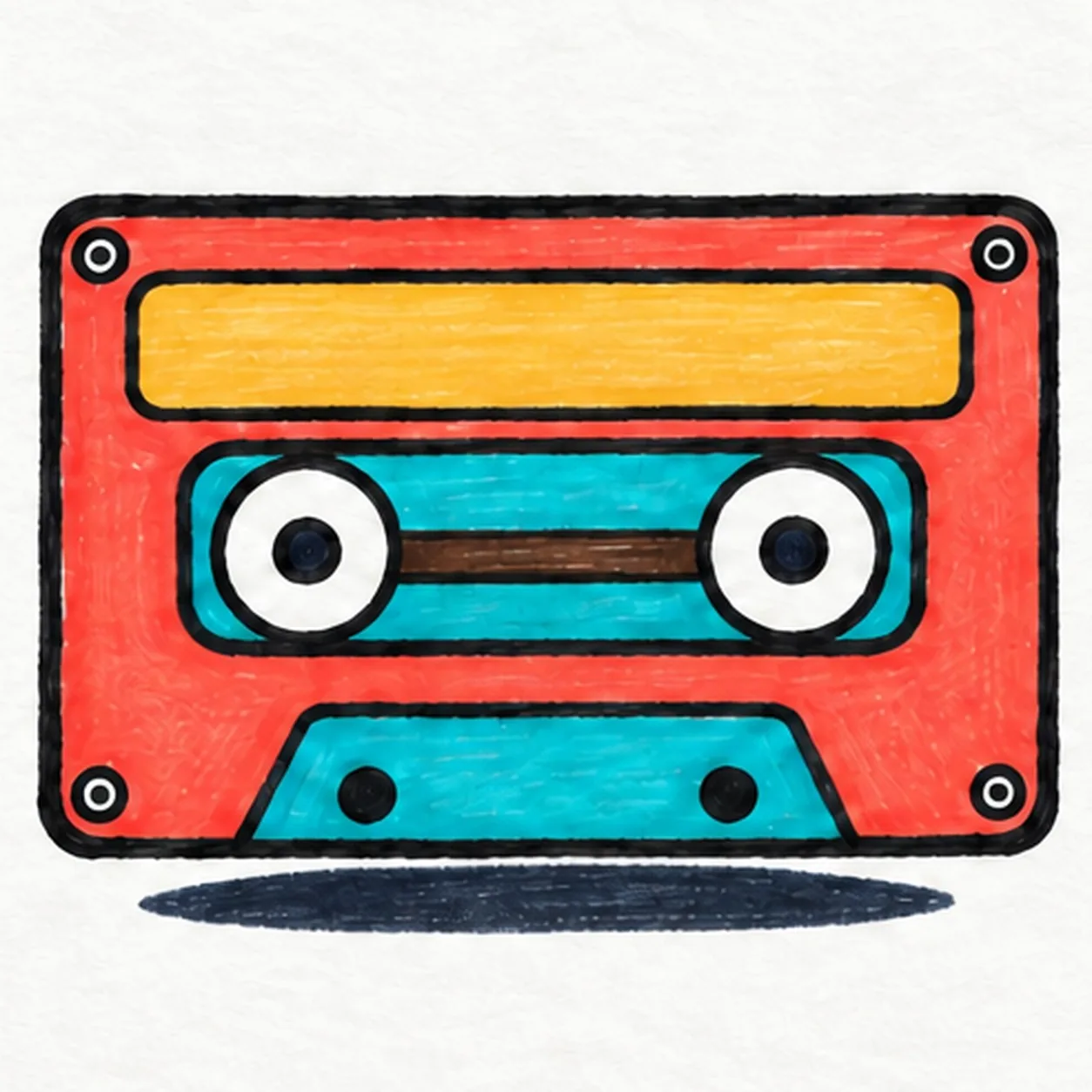 Handmade felt-tip marker drawing of one horizontal coral cassette tape with a yellow blank top label, teal central window, two white reels with dark blue hubs joined by a brown tape strip, a teal lower access panel with two dark holes, four white corner screws and a flat navy shadow
