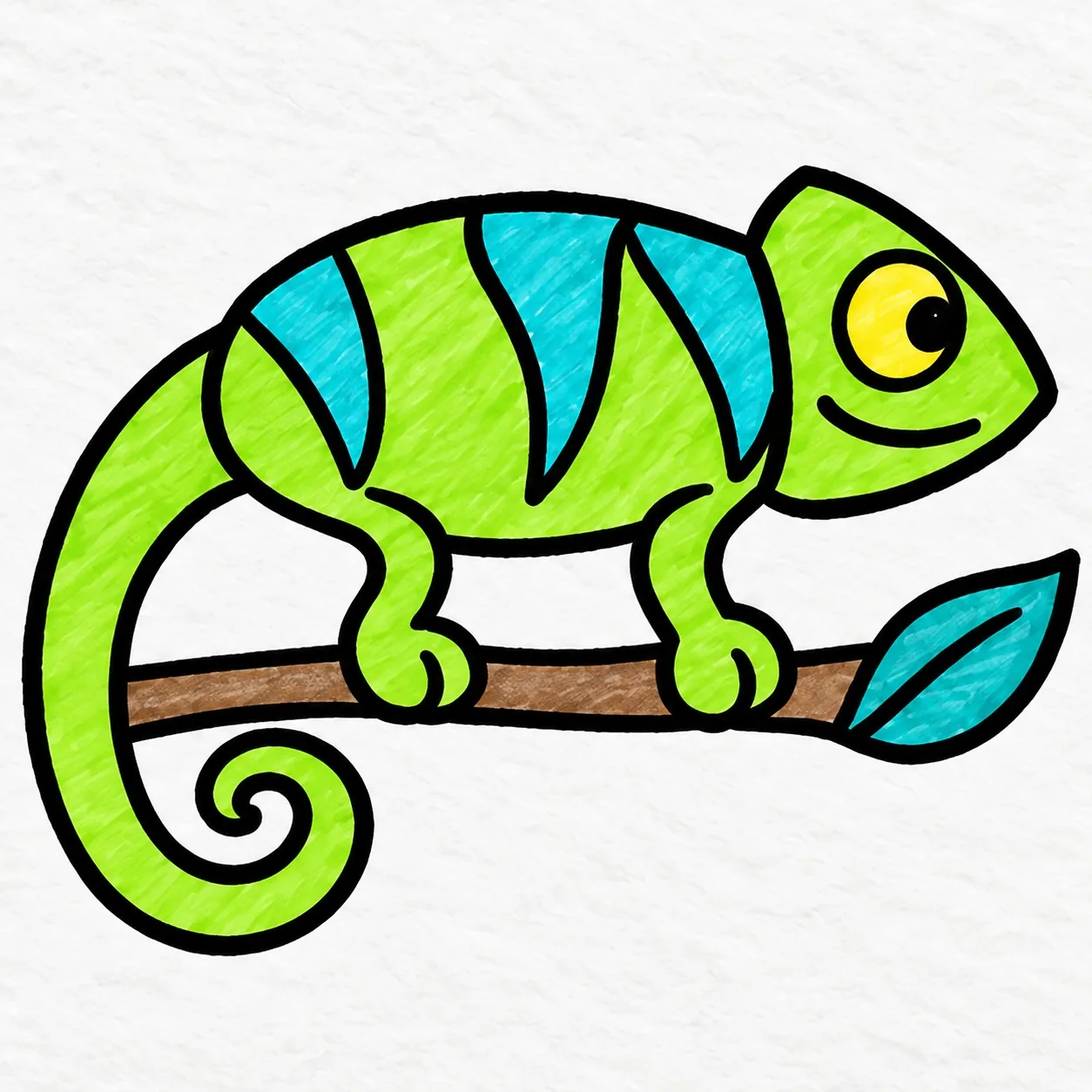 Handmade marker drawing of a right-facing lime-green chameleon with three turquoise tapered body stripes, one large yellow eye looking right, a curved smile, a spiral tail, two bent legs gripping a brown branch and one teal leaf with a black center vein.
