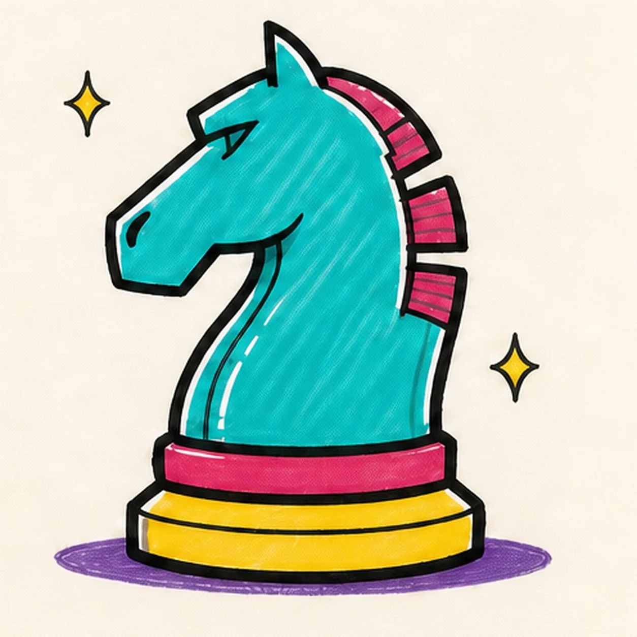 Handmade face-free marker drawing of a left-facing chess knight with turquoise horse-head silhouette, pointed ear, blocky muzzle, arched neck, three raspberry mane blocks with hatch marks, raspberry and yellow pedestal bands, two yellow spark accents, thick imperfect black outlines, white highlight gaps, and violet oval shadow