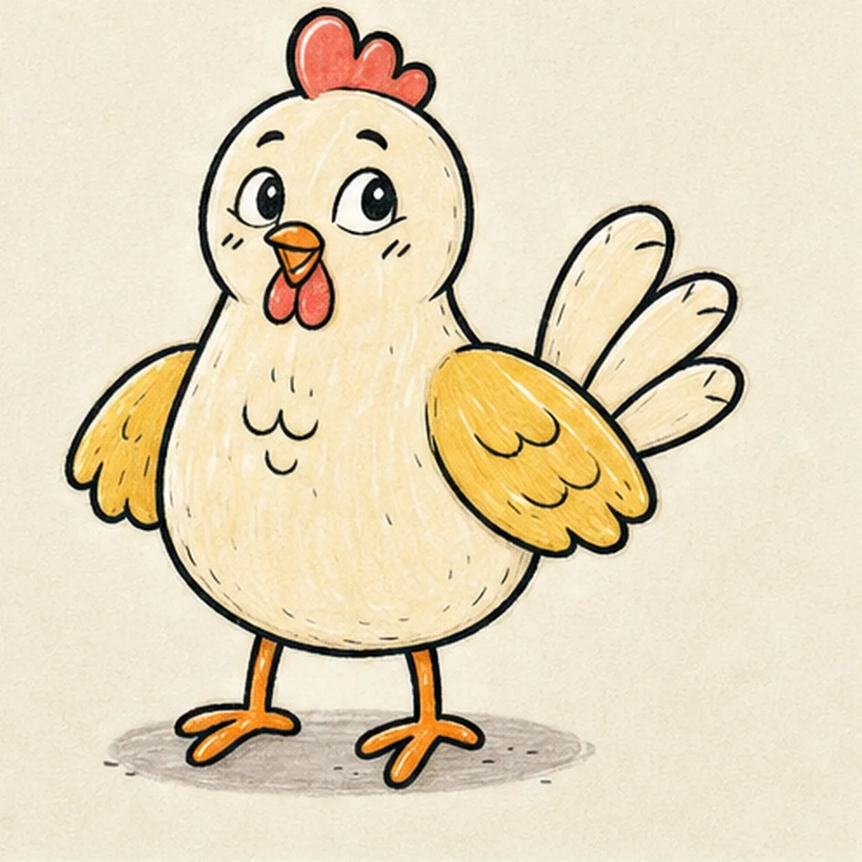 Handmade marker drawing of one upright three-quarter cartoon chicken with a creamy round head and plump pear-shaped body, two golden-yellow wings, exactly three pale tail feathers, two orange legs with exactly three toes per foot, one coral-red three-bump comb, two coral wattles, two wide almond-shaped eyes looking slightly upward, two raised brows, one tiny open orange beak, two short cheek marks, small feather tufts, thick imperfect black outlines, visible marker streaks, warm-paper highlights, and one shallow warm-gray oval shadow