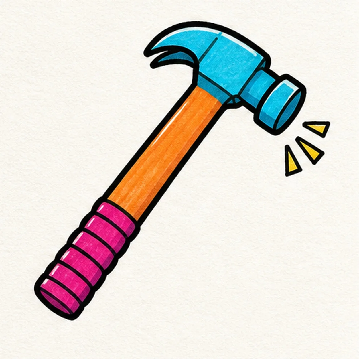 Handmade face-free marker doodle of a diagonal cartoon claw hammer with a cyan head, curved split claw, orange handle, magenta wrapped grip, yellow impact marks, and thick black outlines