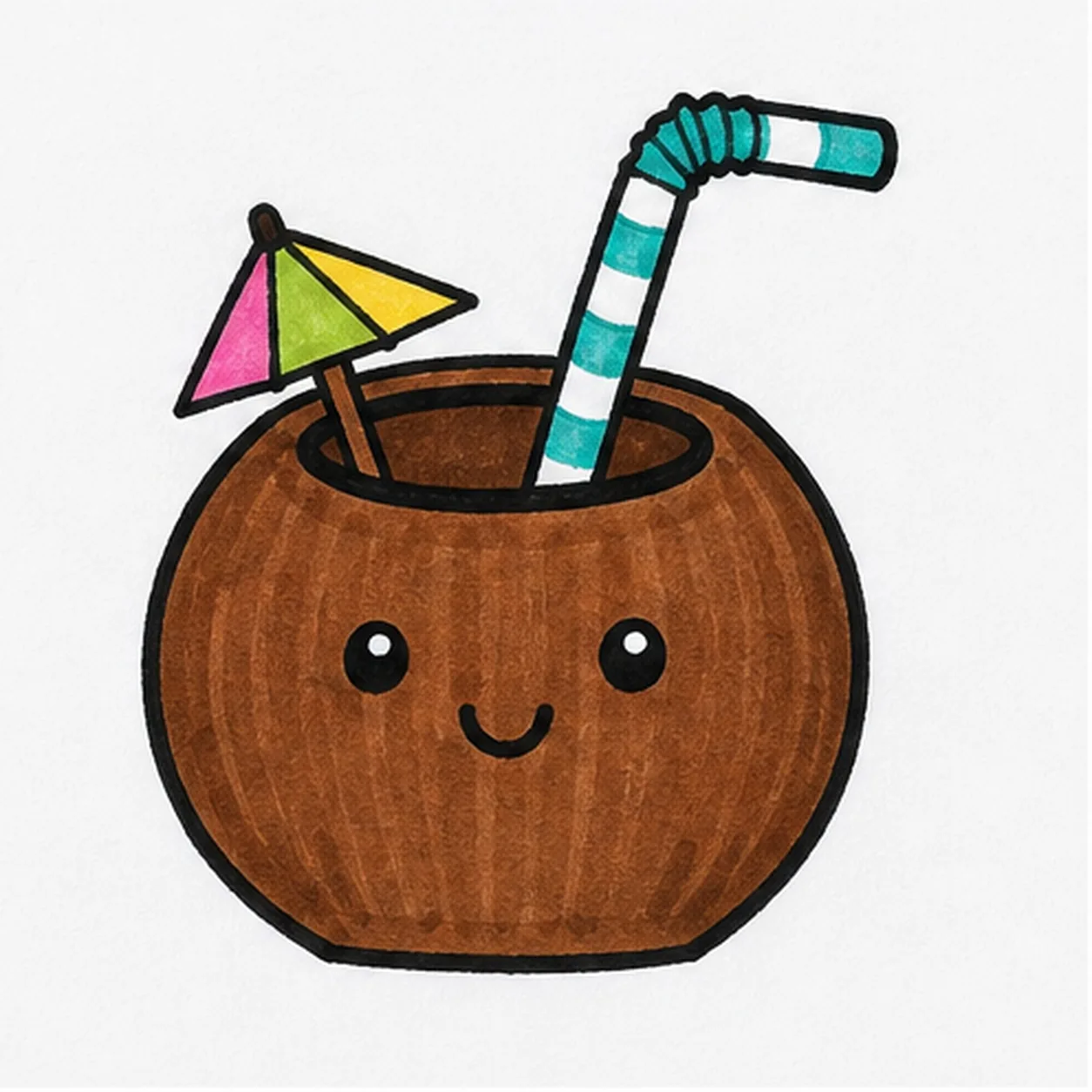 Bold marker doodle of a cartoon coconut drink with brown coconut body, smiling face, striped teal straw, tiny colorful umbrella, thick black outline, and marker texture