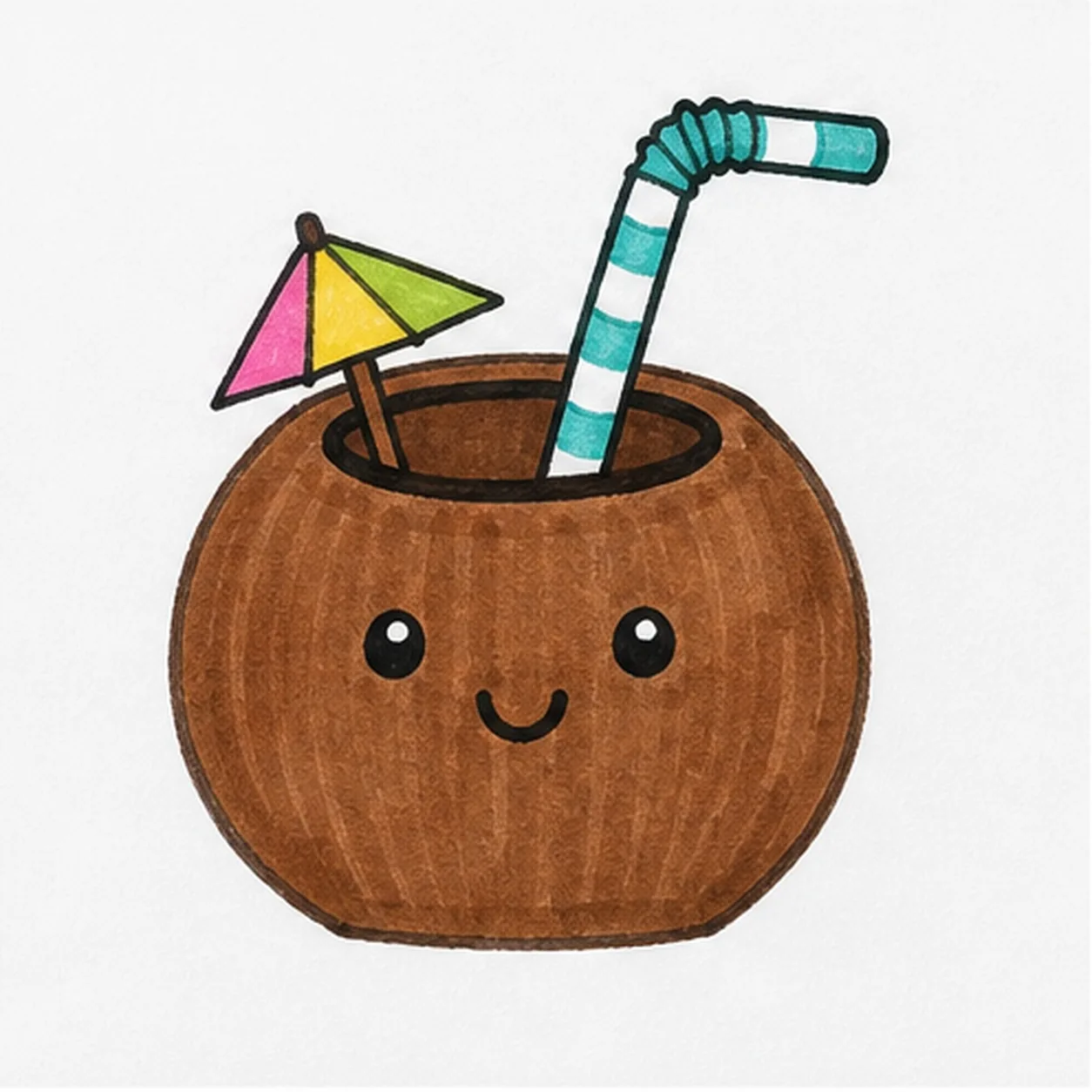 Fill the marker color stage for how to draw a cartoon coconut drink
