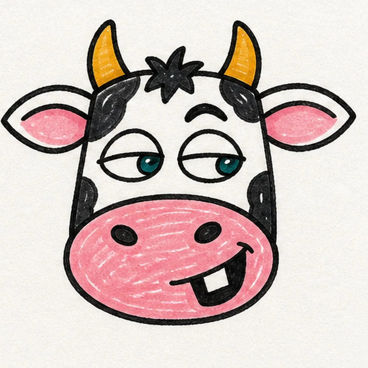 Handmade marker doodle of a front-facing cartoon cow face with half-lidded teal eyes looking sideways, one raised brow, a crooked one-tooth grin, pink muzzle and ears, golden horns, black patches, and thick outlines