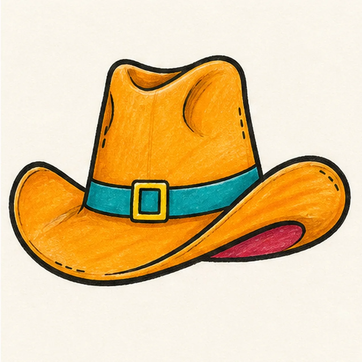 Handmade marker drawing of a face-free cowboy hat with a wide curled golden-orange brim, tall dented crown, raspberry underside, teal hatband, square yellow buckle, short stitch marks, and thick imperfect black outlines