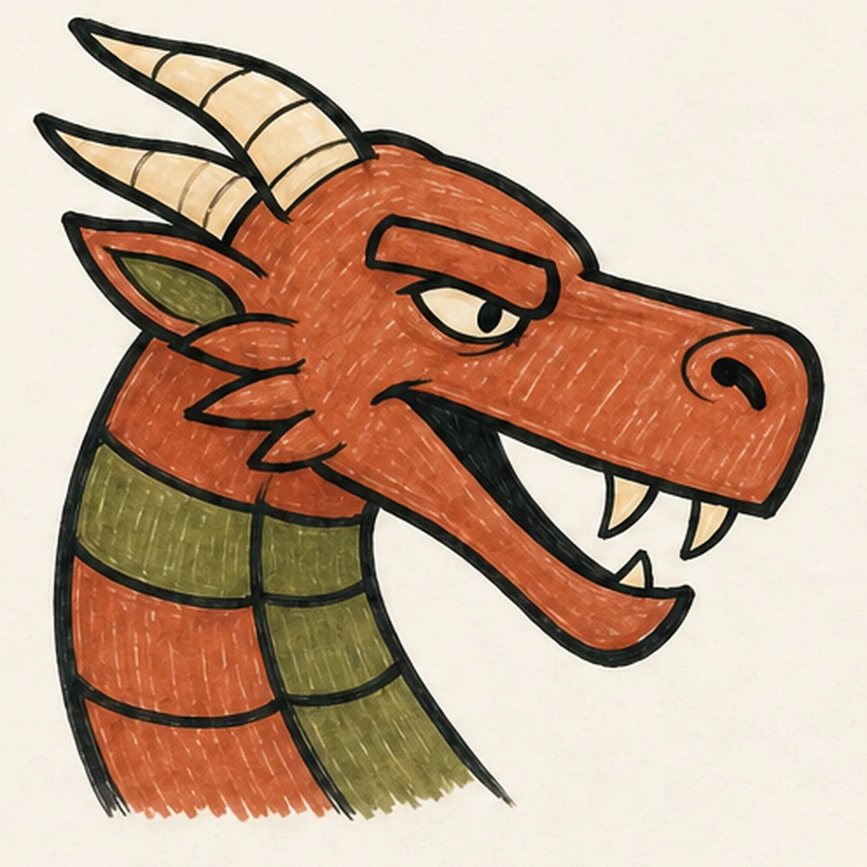 Handmade marker drawing of one right-facing cartoon dragon head with terracotta skin, exactly two swept warm-cream horns with black segment lines, one pointed ear with moss-green inner shape, exactly one narrow almond eye and forward pupil beneath one heavy slanted brow, one flared nostril, an asymmetrical open black grin with exactly three cream fangs, exactly three cheek spikes, exactly four moss-green neck plates, thick imperfect black outlines, visible marker streaks, and warm paper gaps