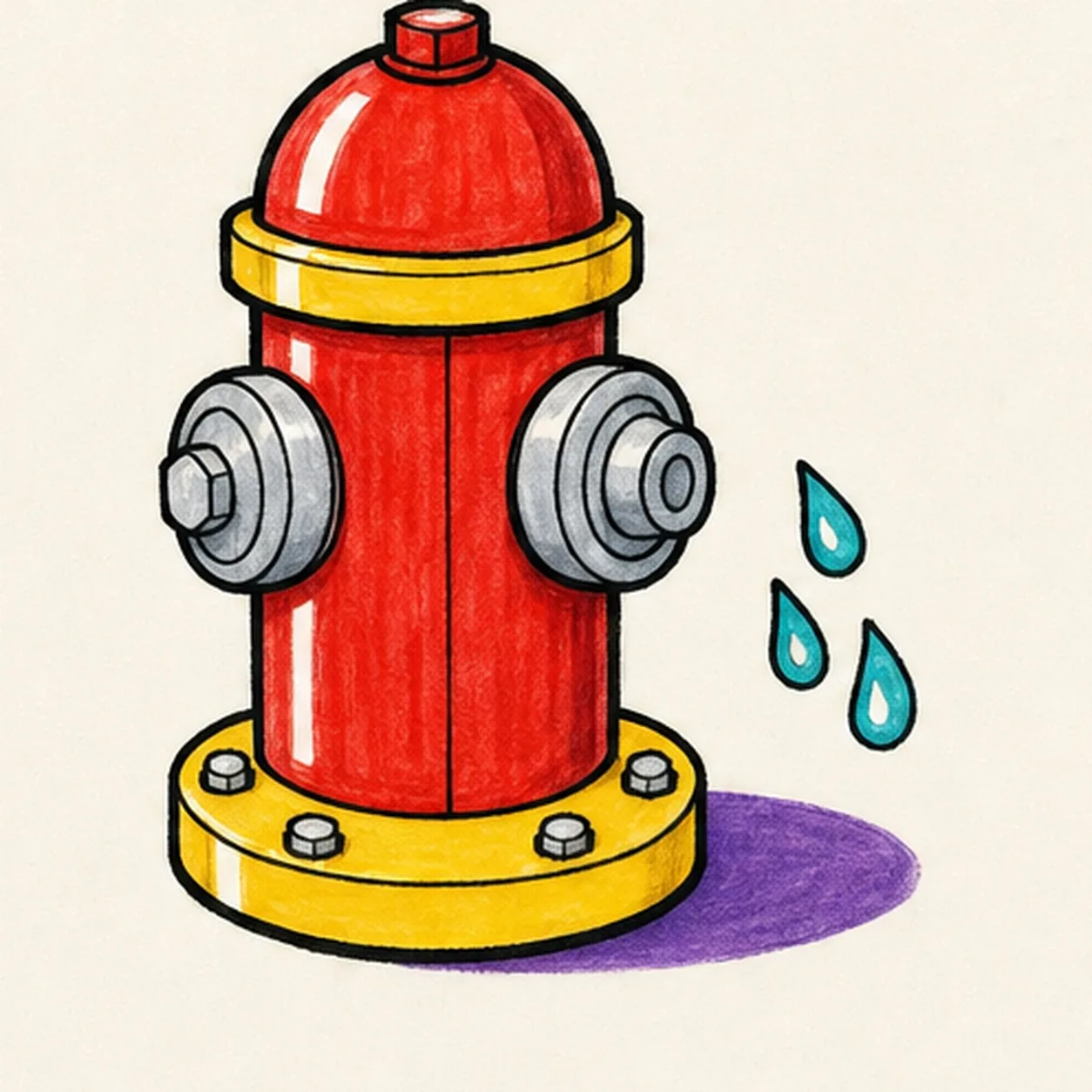 Handmade face-free marker drawing of one front-facing fire hydrant with a fire-engine-red domed cap and cylindrical body, yellow neck band and wide base flange, two cool-gray ringed side nozzles, central body seam, exactly four visible gray base bolts, exactly three turquoise water drops, thick imperfect black outlines, white highlight gaps, and a violet ground shadow