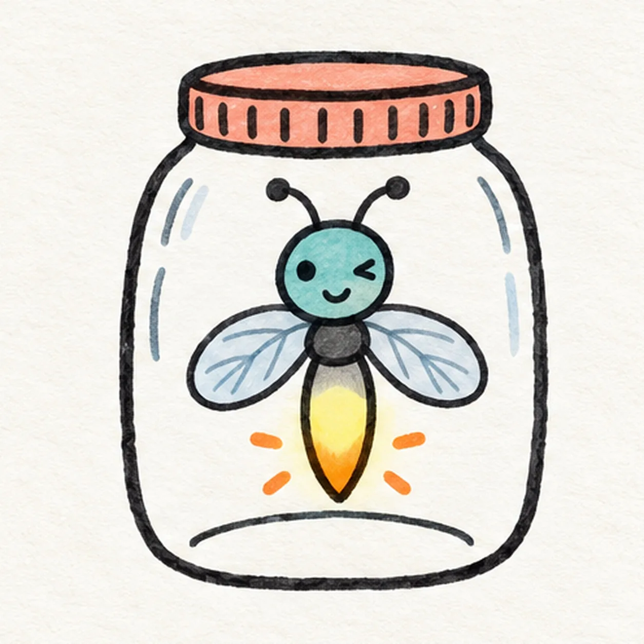 Handmade marker doodle of a smiling teal-headed firefly with two pale-blue veined wings and a glowing yellow-orange tapered tail inside a clear jar with a coral screw rim, four orange glow dashes, gray side accents and pale blue glass gleams