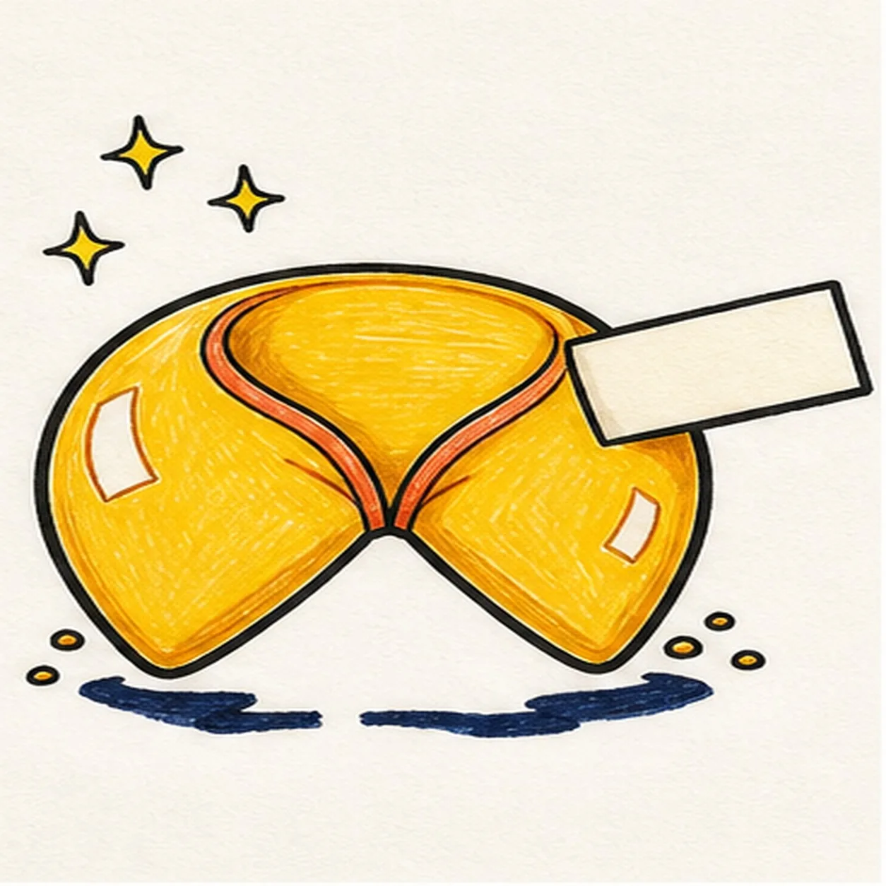 Handmade felt-tip marker drawing of one face-free golden-yellow fortune cookie with two rounded folded wings, one centered pinched valley, one coral curved inner rim, exactly two short fold seams, one blank cream paper slip tucked into the right opening, exactly three yellow four-point sparkles, exactly two open-paper cookie highlights, exactly five tiny golden crumb marks, thick imperfect black outlines, visible directional marker texture, and one broken deep-navy ground shadow