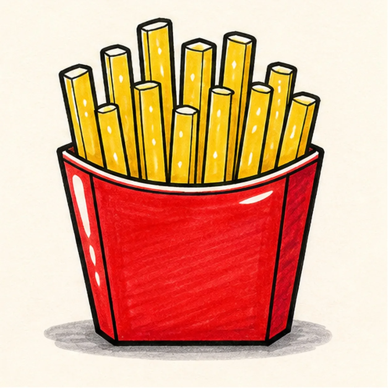 Bold marker drawing of face-free cartoon french fries in a red trapezoid carton with top rim, side panels, fold seams, yellow fries, fry tips, salt marks, highlight gaps, thick black outlines, and soft gray shadow