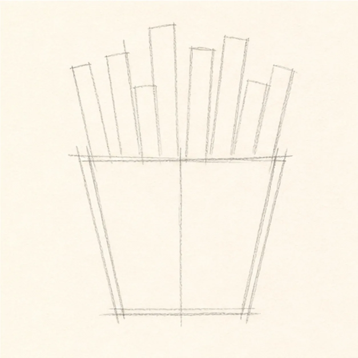 Block the carton and fries stage for how to draw french fries