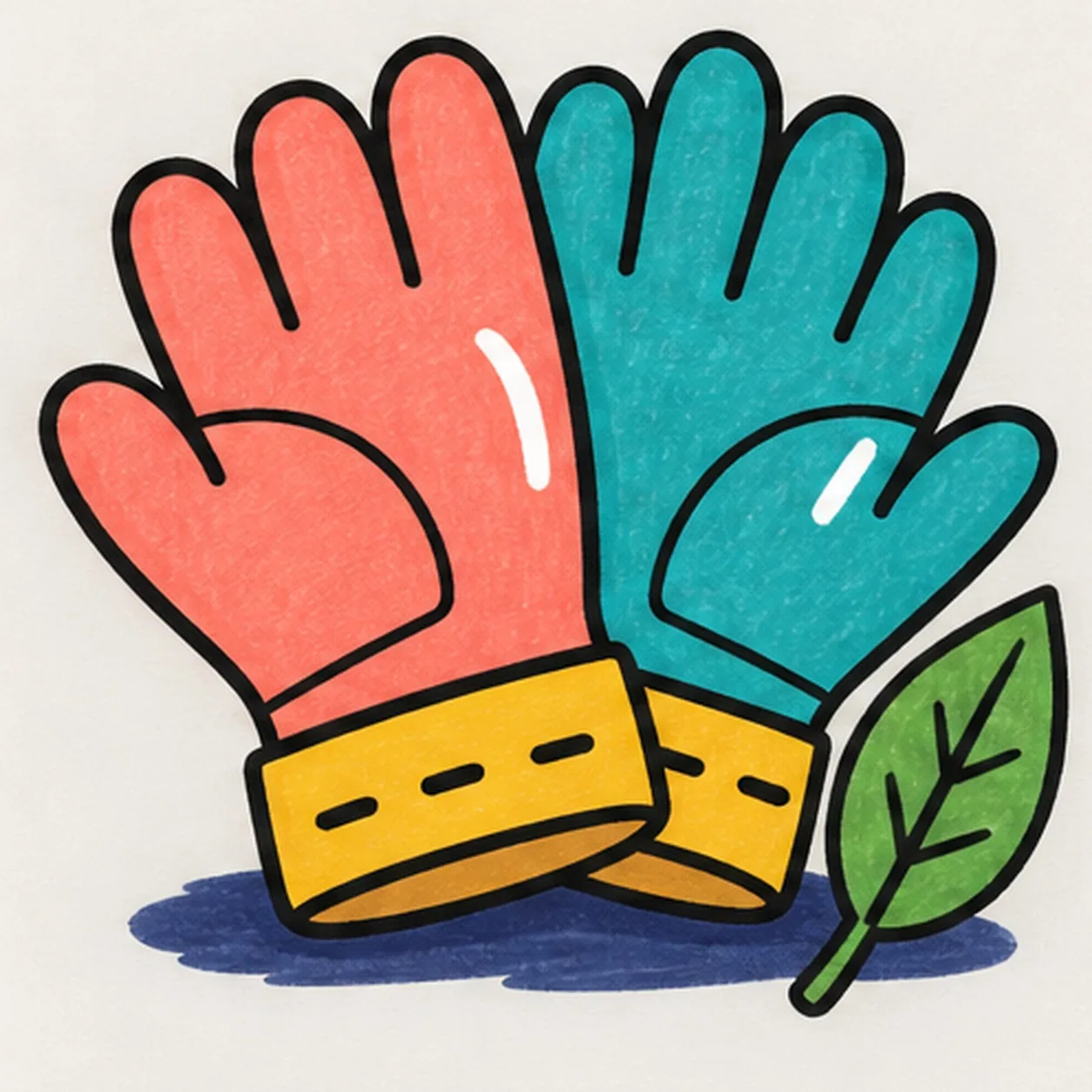 Handmade face-free felt-tip marker drawing of exactly two crossed garden gloves with one coral foreground glove leaning left, one teal rear glove leaning right, four rounded fingers and one thumb on each glove, one curved palm reinforcement panel per glove, two golden-yellow cuff bands, exactly three black stitch dashes on the foreground cuff and two visible dashes on the partly covered rear cuff, exactly two open-paper curved highlights, one separate bright-green pointed leaf with a dark branching vein pattern, thick imperfect black outlines, visible marker streaks, and one broken deep-navy ground shadow