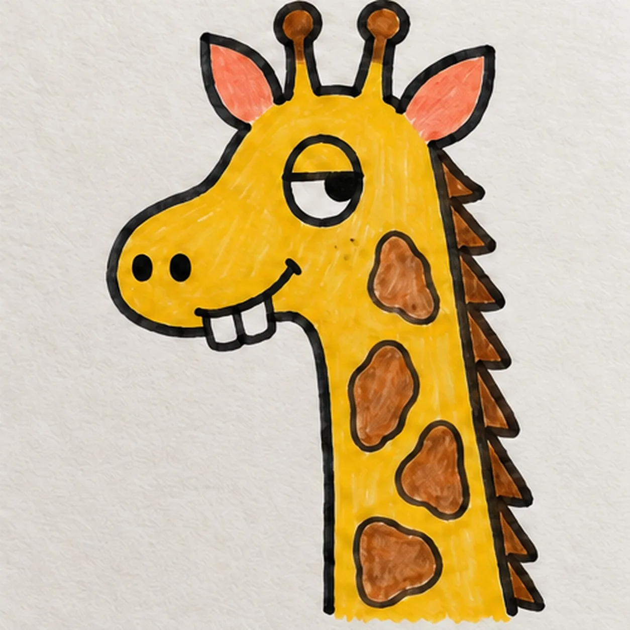 Handmade felt-tip marker portrait of a left-facing golden-yellow giraffe with two coral inner ears, two round-tipped ossicones, one half-lidded eye looking sideways right, two black nostrils, a crooked two-tooth grin, four warm-brown neck patches, three small cheek freckles, and a short brown triangular mane with visible marker streaks