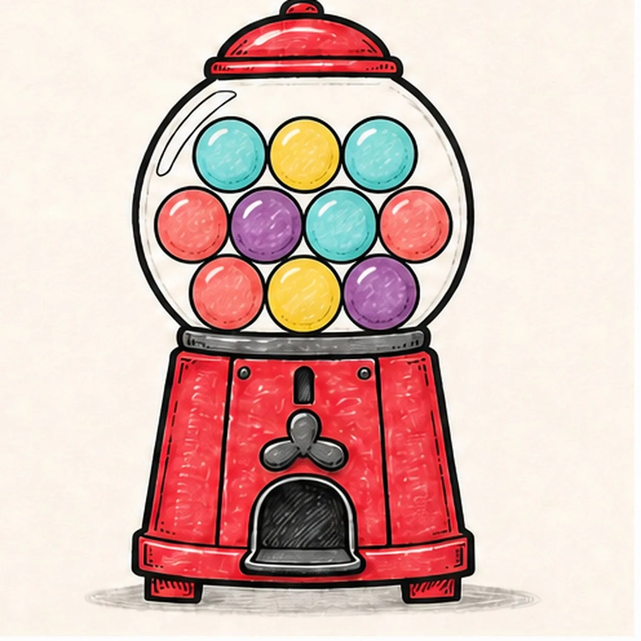 Handmade face-free marker drawing of one front-facing cartoon gumball machine with a round glass globe, exactly ten large gumballs arranged in three rows, a cherry-red domed cap and broad cabinet, one narrow coin slot, one gray three-lobed turn handle, one dark dispenser chute, two small screws, two short feet, thick imperfect black outlines, aqua, yellow, coral, and purple marker fills, curved glass highlights, visible marker streaks, and one shallow warm-gray oval shadow