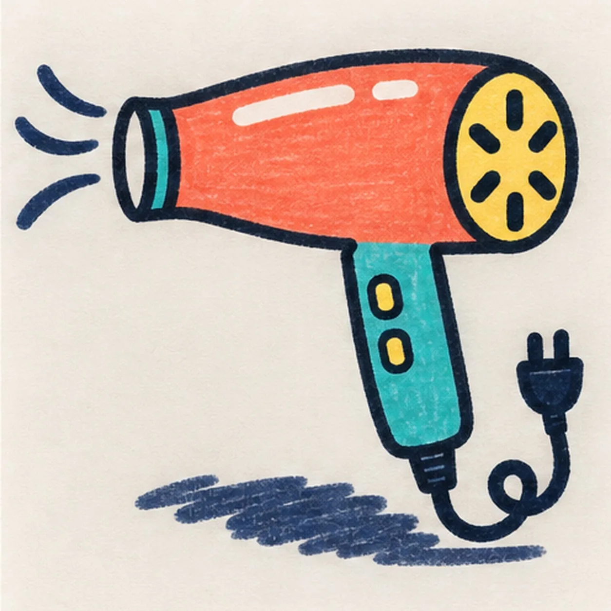 Handmade face-free felt-tip marker drawing of one left-facing coral cartoon hair dryer with one long tapered housing, one teal nozzle ring, one attached teal slanted handle, one warm-yellow round rear intake containing exactly six deep-navy radial vent slots, exactly two warm-yellow handle controls, one deep-navy power cord attached at the handle base and curling once into one two-prong plug, exactly three deep-navy airflow swooshes, exactly two open-paper housing highlights, thick imperfect black outlines, visible marker streaks, and one broad broken deep-navy ground shadow