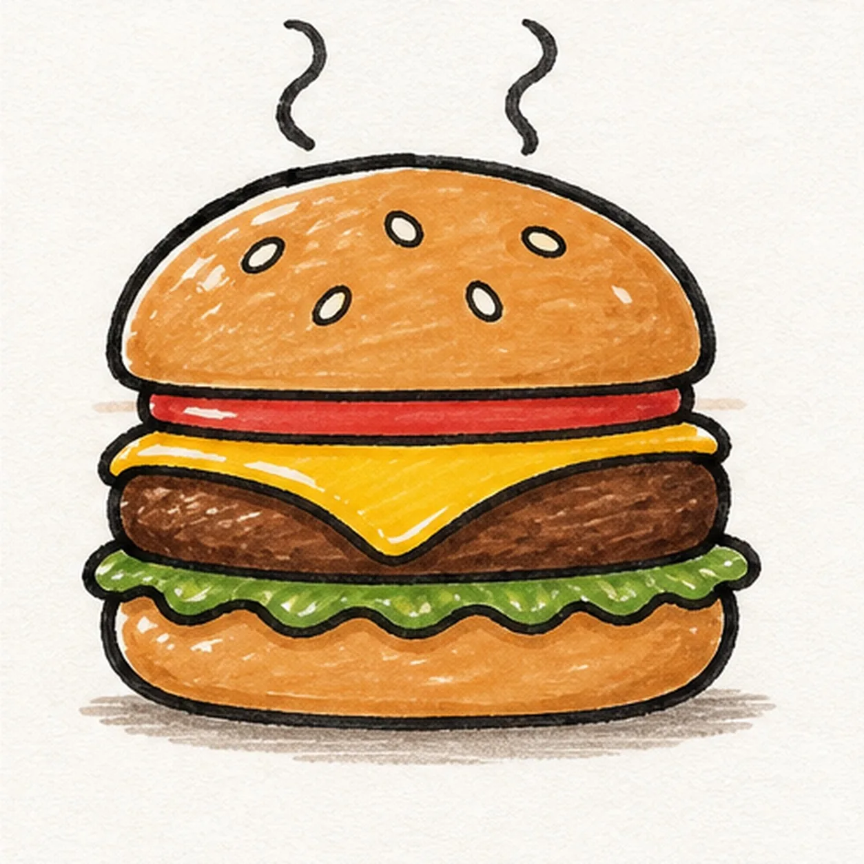 Handmade felt-tip marker drawing of one face-free cartoon hamburger with tan buns, one brown patty, one yellow cheese slice, one green lettuce strip, one red tomato accent, six sesame seeds, two steam curls, thick imperfect black outlines, visible marker streaks, and a small ground shadow
