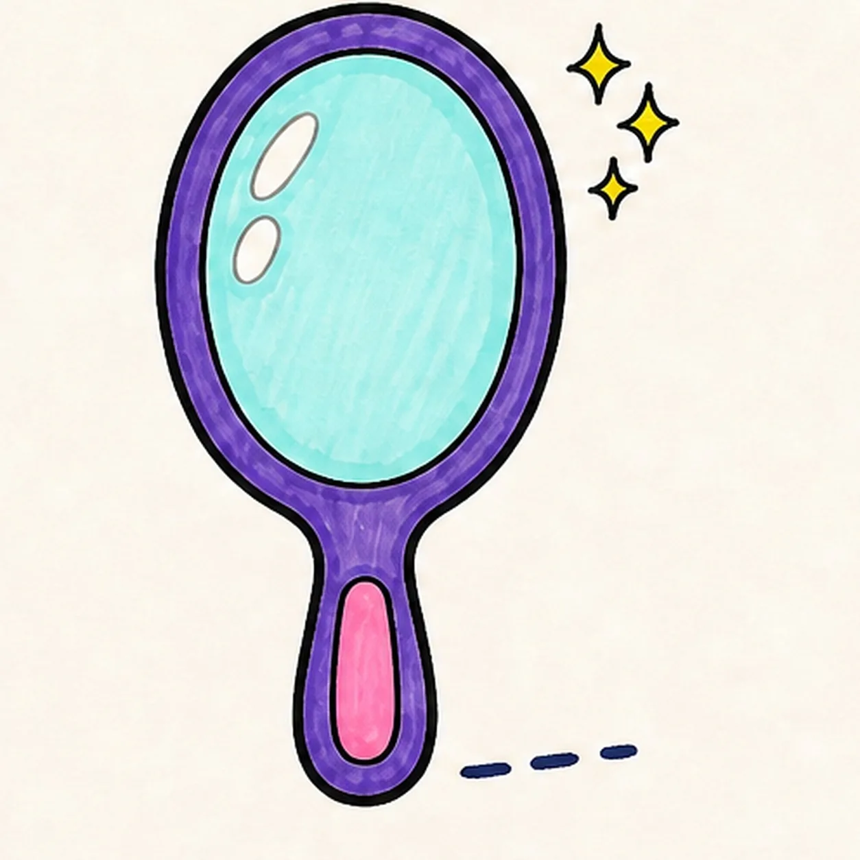 Handmade felt-tip marker drawing of one face-free upright cartoon hand mirror with one thick purple oval frame, one rounded purple handle attached at the bottom, one pink inset grip, one pale aqua glass oval, exactly three yellow sparkles outside the upper-right frame, exactly two open-paper glass highlights, thick imperfect black outlines, visible marker streaks, and one short broken navy ground shadow
