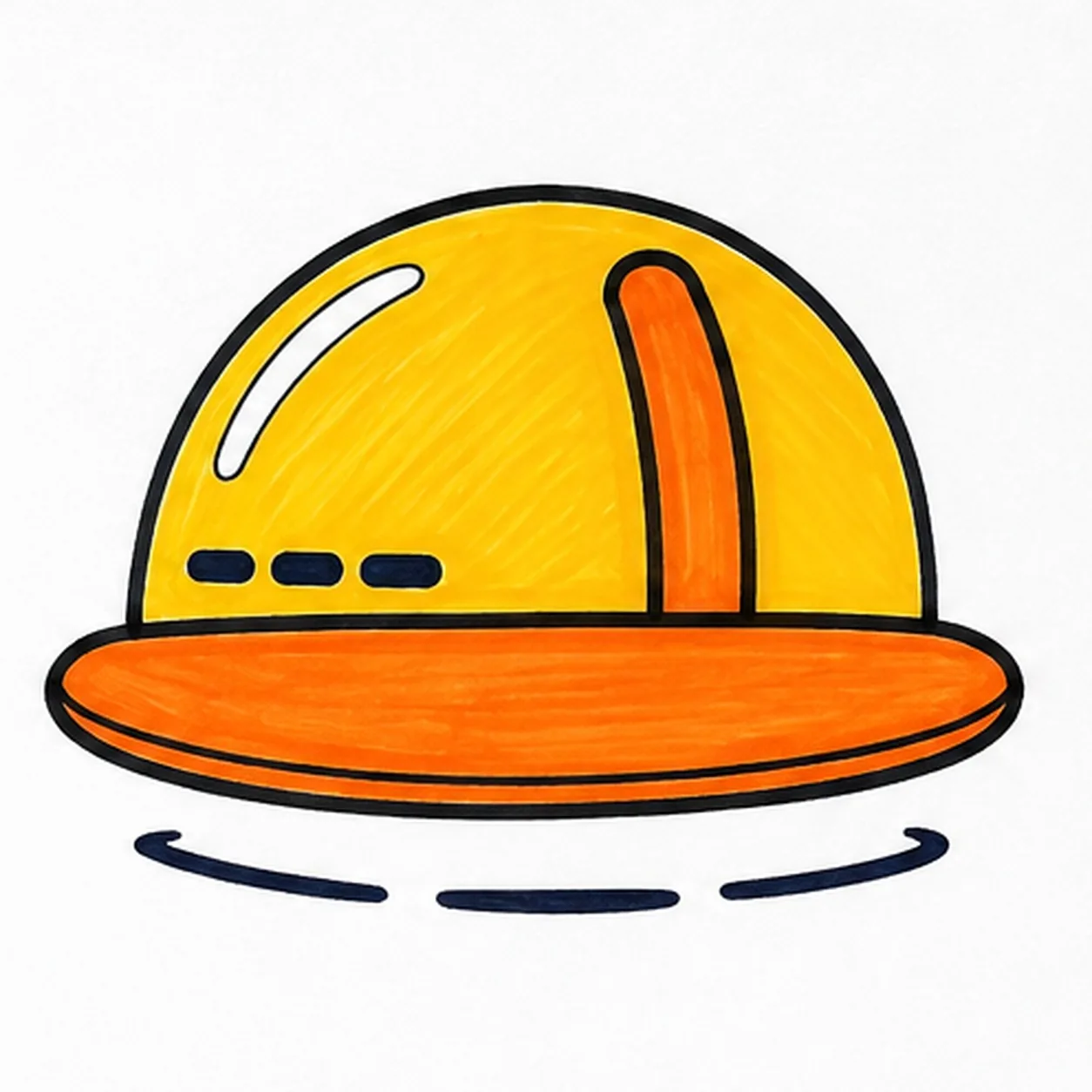 Handmade marker drawing of a golden-yellow construction hard hat with an orange center rib and broad orange brim, three navy ventilation slots, one curved white highlight, a thin lower rim and three broken navy shadow strokes.