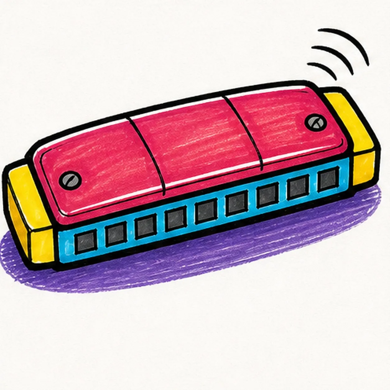 Handmade face-free marker drawing of one harmonica in low three-quarter view with a raspberry rounded top cover, cyan mouth band, exactly eight dark cool-gray rectangular mouth holes, two bright-yellow end caps, two round gray screws, two black cover seams, exactly three curved black sound arcs, white highlight gaps, thick imperfect black outlines, and a wide violet oval shadow