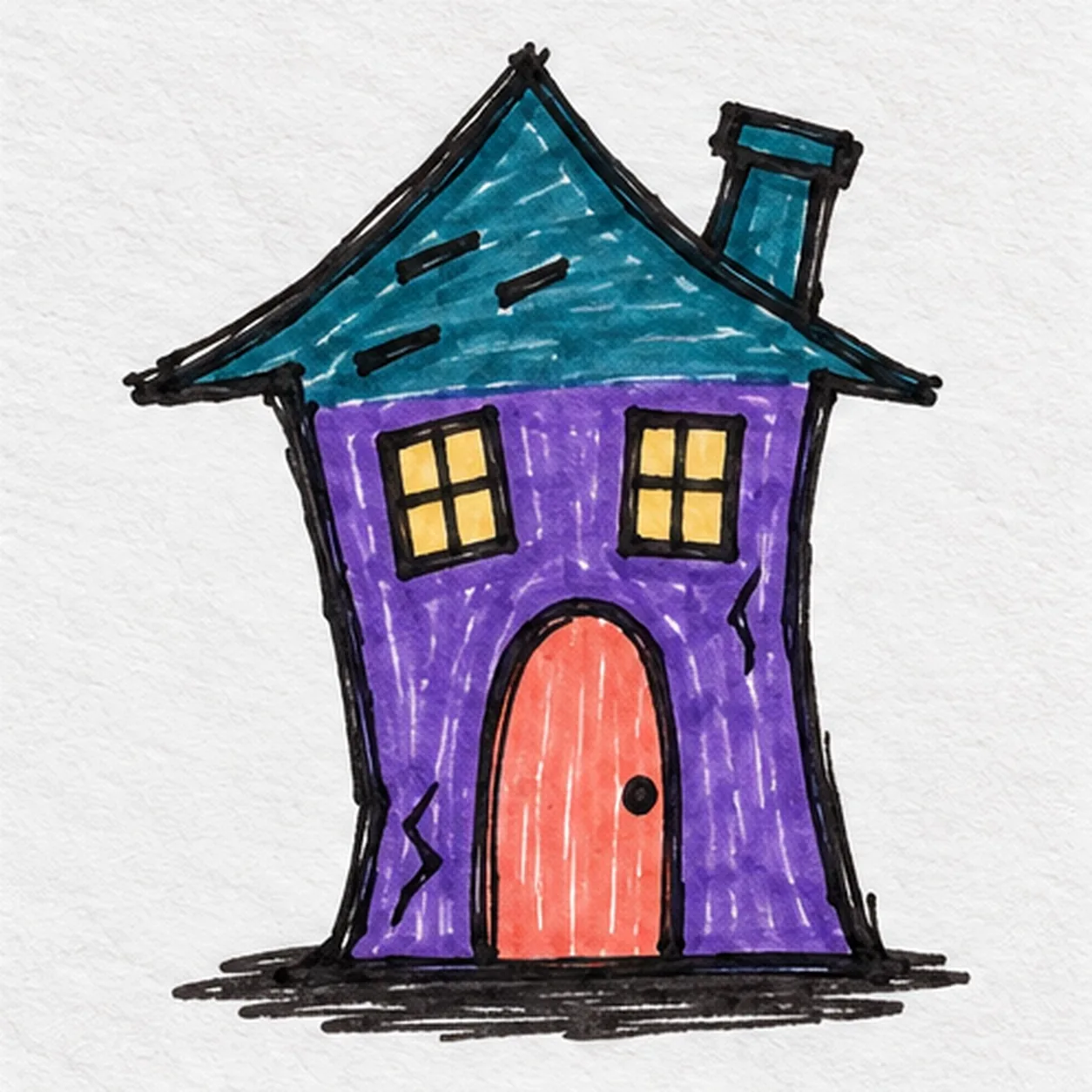 Handmade black felt-tip marker drawing of a crooked cartoon haunted house with a steep teal roof, one leaning chimney, violet walls, exactly two yellow crossbar windows, a coral arched door with one knob, three roof shingle strokes, two wall cracks, and a broken dark ground shadow