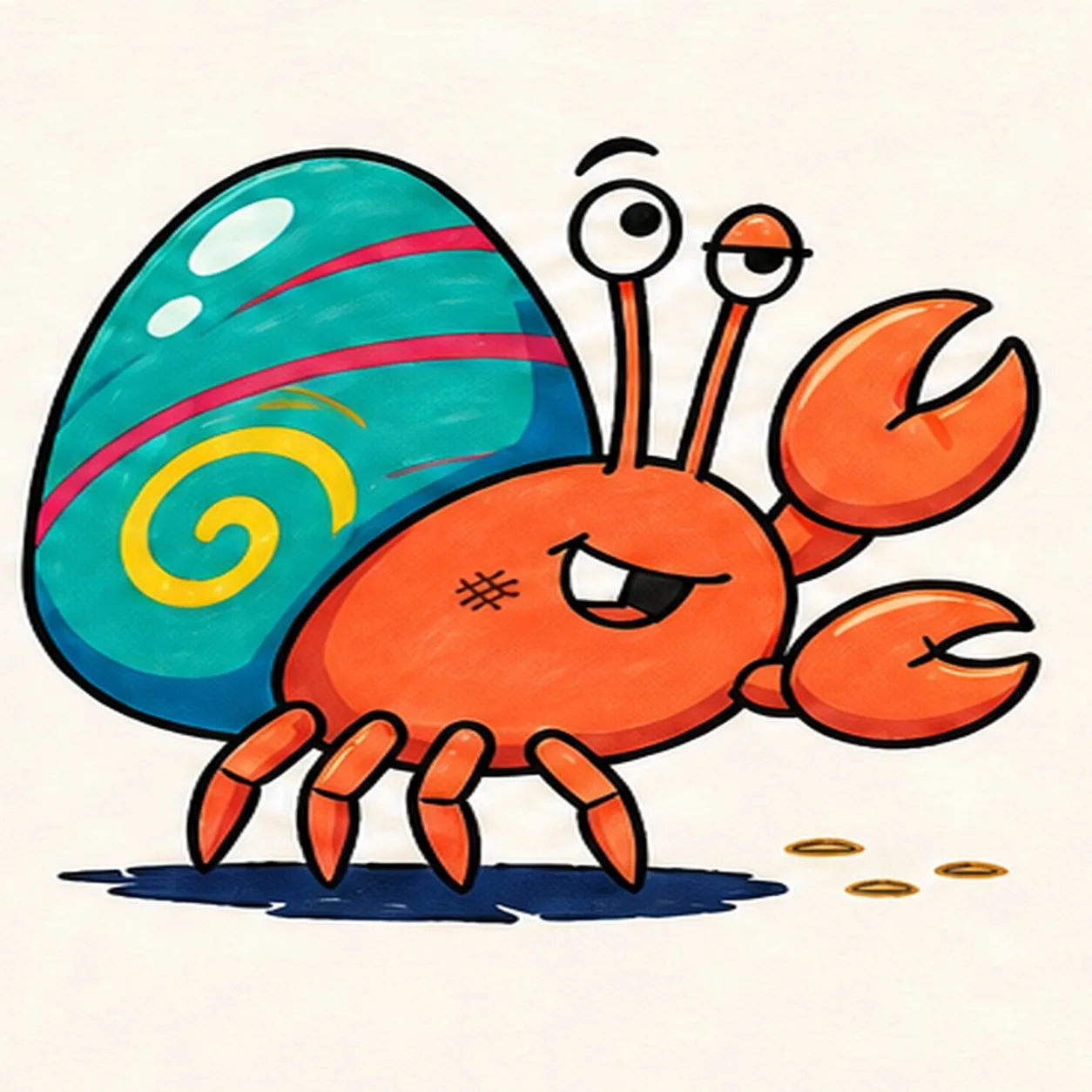 Handmade felt-tip marker drawing of one right-facing coral-orange cartoon hermit crab with exactly two eye stalks, one wide eye, one half-lidded eye, one large raised claw, one smaller forward claw, exactly four walking legs, one teal shell with a yellow spiral and exactly three raspberry bands, two pale-aqua shell highlights, a crooked one-tooth grin, exactly three warm sand marks, thick imperfect black outlines, visible marker texture, and one broken navy ground shadow