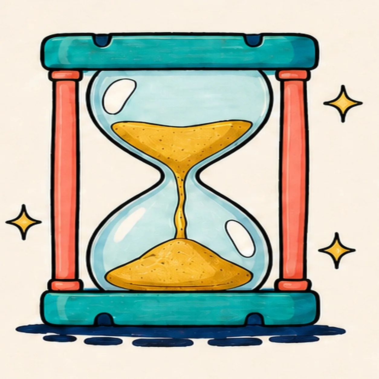 Handmade felt-tip marker drawing of one face-free upright cartoon hourglass with exactly two rounded teal caps, exactly two attached coral side pillars, one pale-aqua pinched glass vessel, one curved upper golden-yellow sand bed, one centered falling sand stream, one rounded lower sand pile, exactly two open-paper glass highlights, exactly three yellow four-point sparkles, exactly four deep-navy cap notches, thick imperfect black outlines, visible directional marker texture, and one broken deep-navy ground shadow