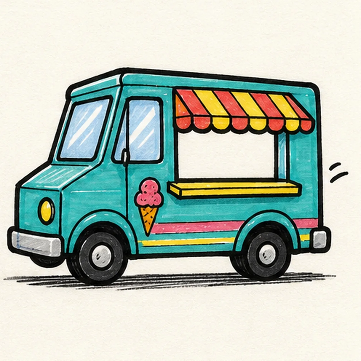 Handmade face-free marker drawing of a turquoise cartoon ice-cream truck with exactly two black wheels, pale-blue cab windows, one yellow headlight, large open serving window, raspberry-and-yellow striped awning, yellow shelf, small pink-and-orange cone symbol, bright body stripes, two motion marks, thick imperfect black outlines, and road shadow
