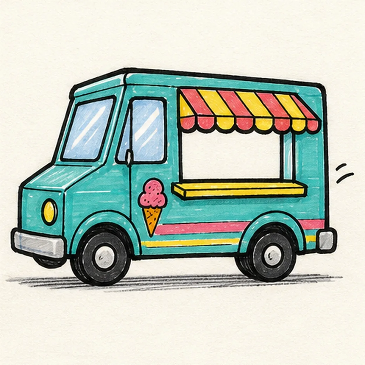 Ink and color the ice-cream truck stage for how to draw an ice-cream truck