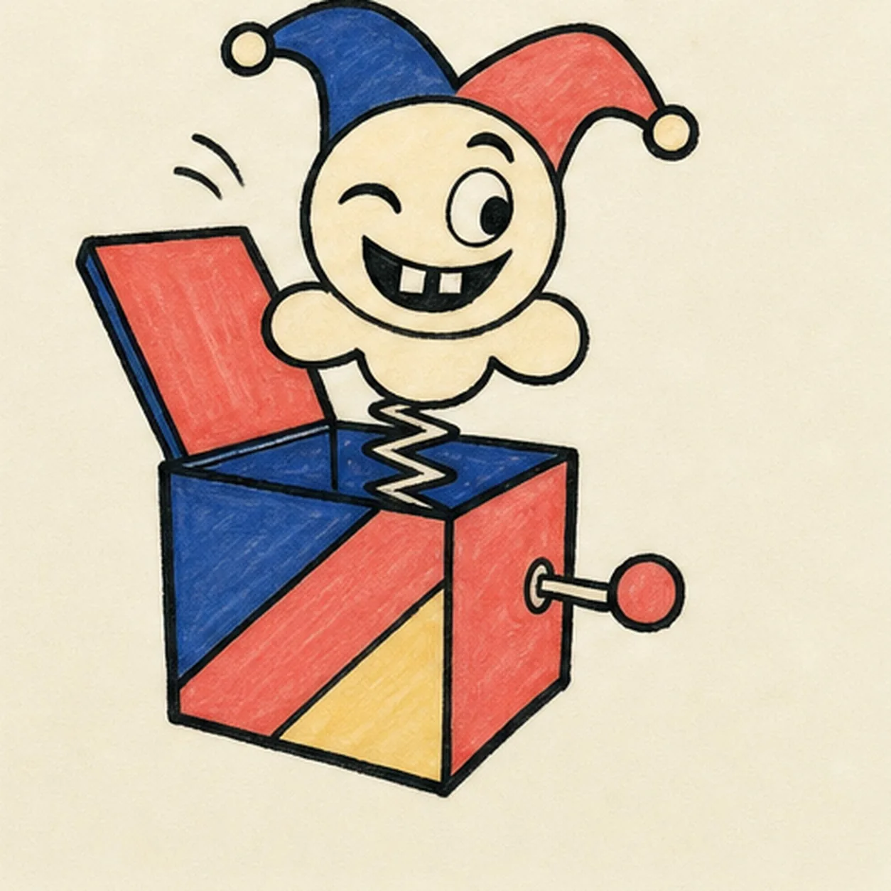 Handmade marker drawing of one cartoon jack-in-the-box with a three-quarter toy box, open coral lid, centered cream zigzag spring, round cream face, broad three-lobed ruff, floppy two-point dusty-cobalt and soft-coral cap, one crescent wink, one wide oval eye looking sideways, one raised brow, one off-center black grin with exactly two square cream teeth, one side crank with coral handle, exactly two curved motion arcs, two diagonal front-panel divisions, dusty-cobalt, soft-coral, and pale-butter fills, thick imperfect black outlines, visible marker streaks, and warm-paper gaps; no text, confetti, sticker outline, or badge frame